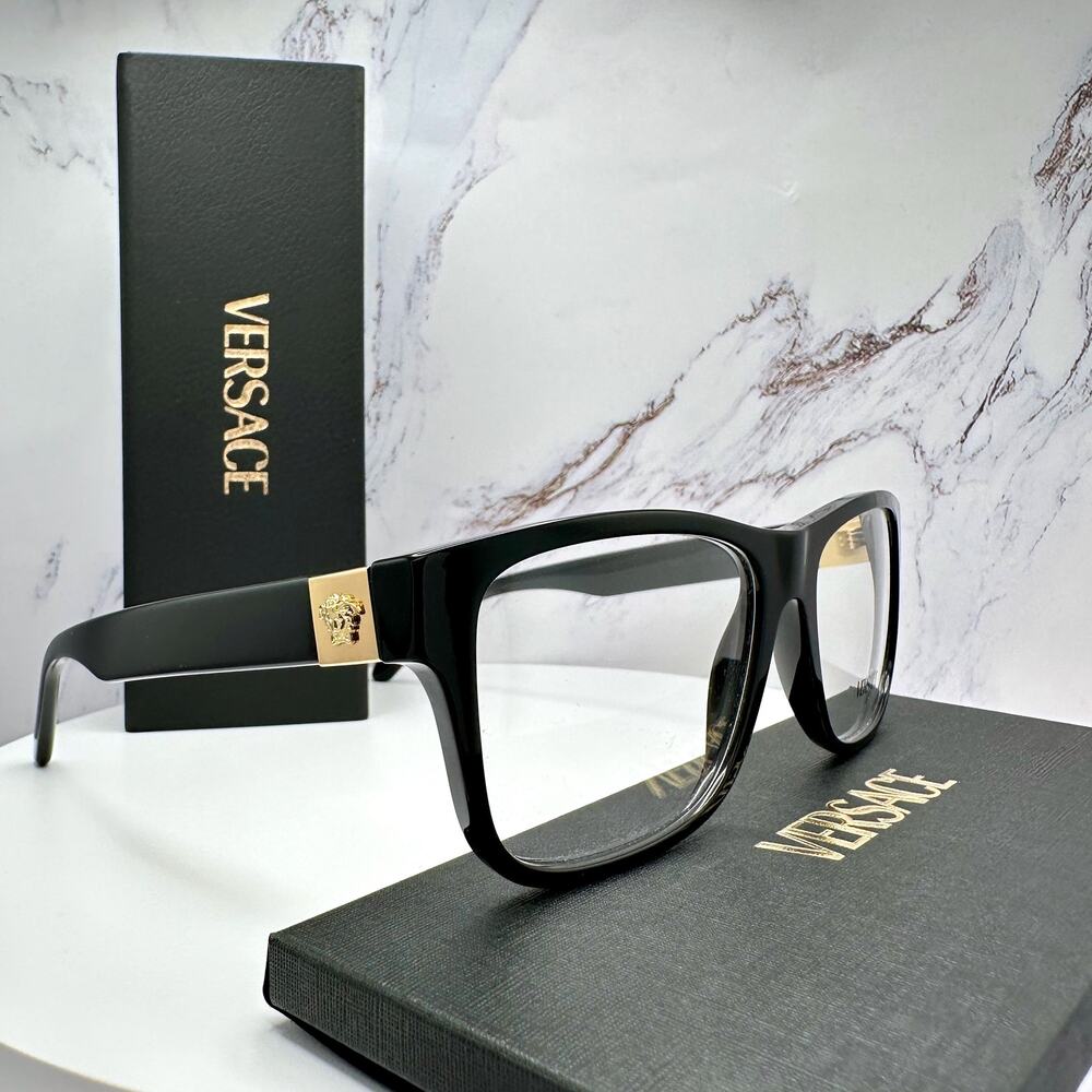 New VERSACE Eyeglasses Black Square 56-17-145mm Gold Medusa Versace